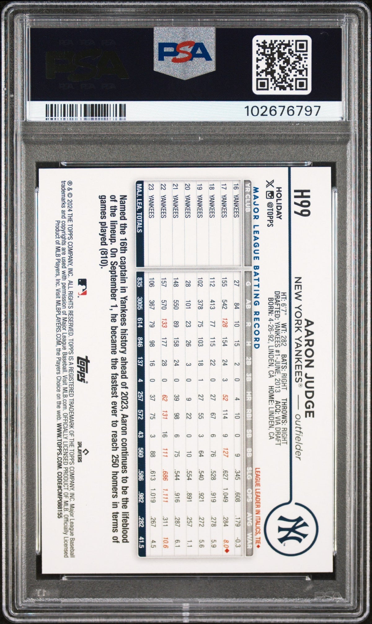 Graded 2024 Topps Aaron Judge #H99 Variation Baseball Card PSA 10 Gem Mint