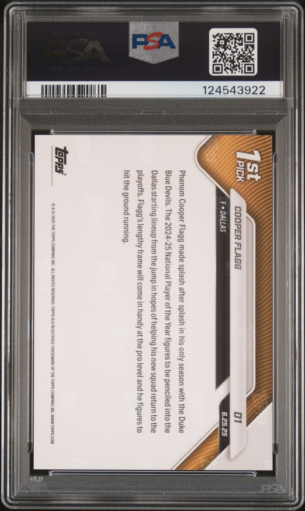 Graded 2025 Topps Now Cooper Flagg #D1 Draft Rookie RC Basketball Card PSA 10 Gem Mint