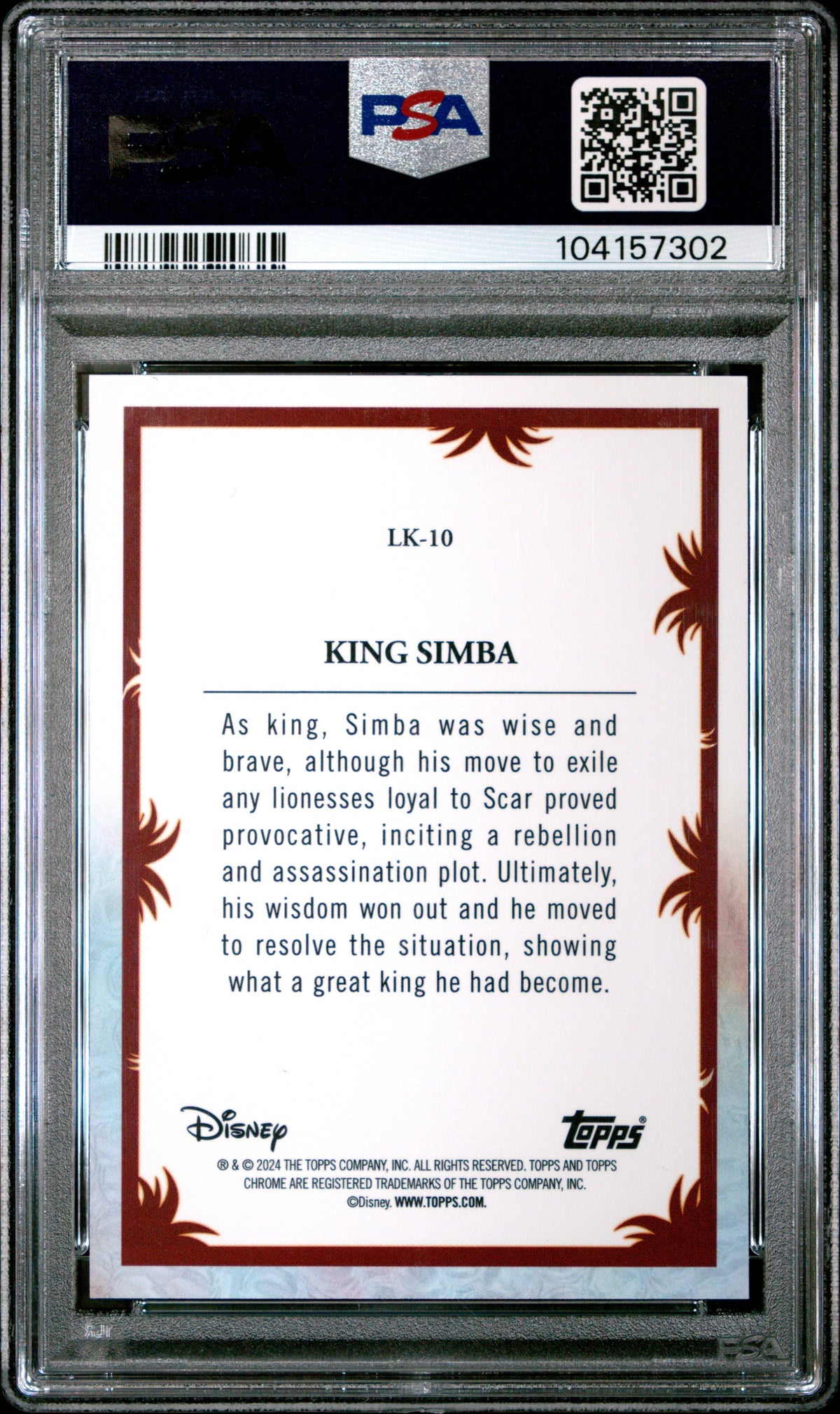 Graded 2024 Topps Chrome Disney King Simba #LK10 The Lion King 30th Anniversary Trading Card PSA 10 Gem Mint