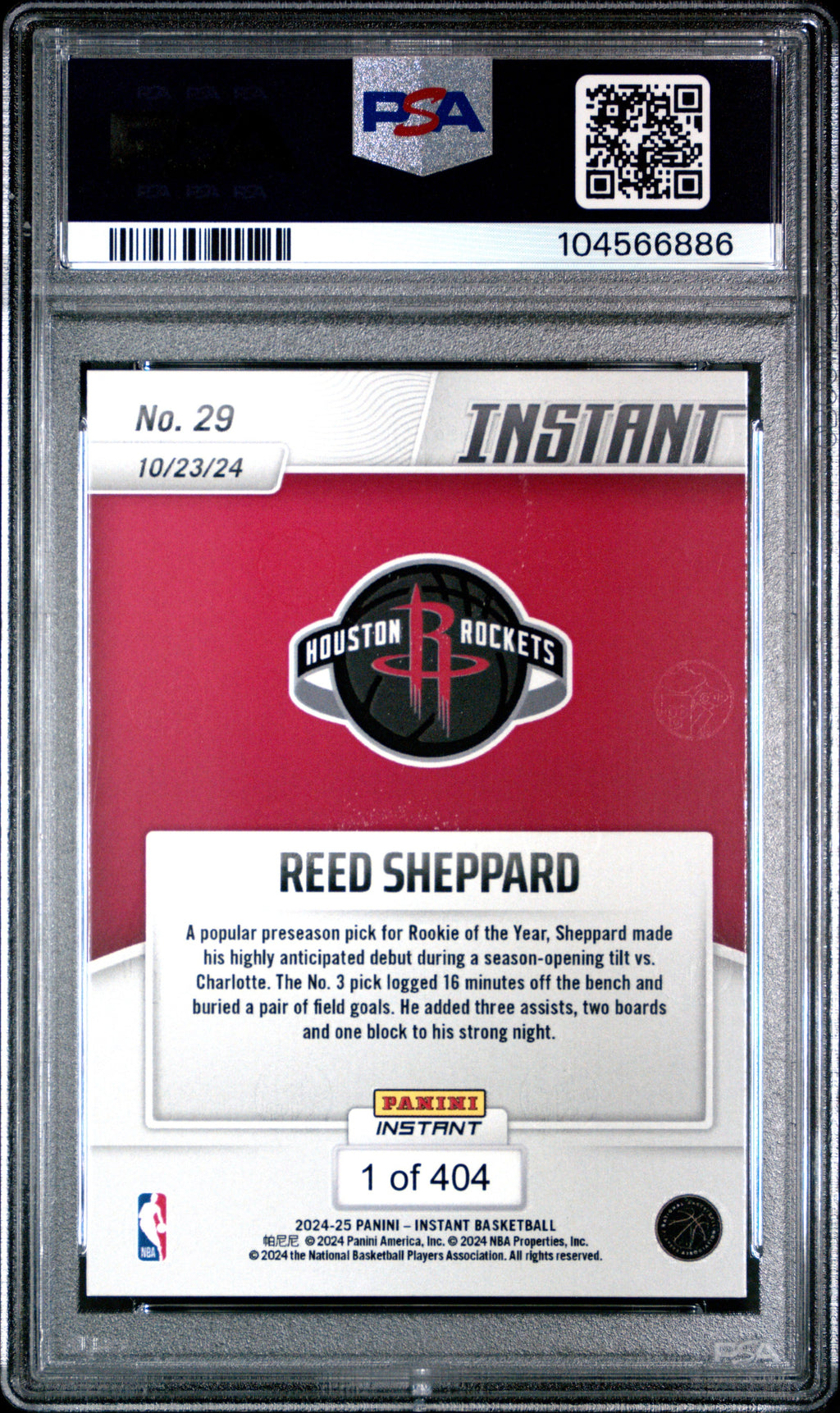 Graded 2024 Panini Instant NBA Reed Sheppard #29 Rookie RC Basketball Card PSA 9 Mint