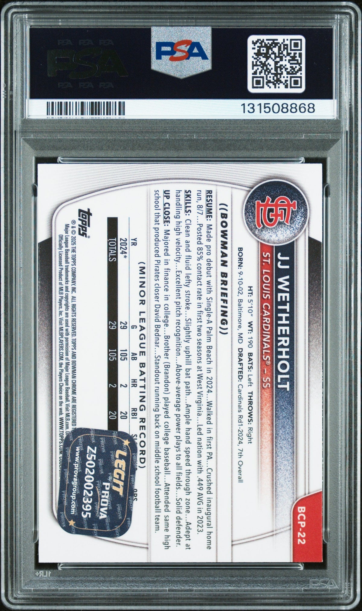 Graded 2025 Topps Bowman JJ Wetherholt #BCP-22 Chrome Prospects Rookie RC Baseball Card PSA 10 Auto Grade Gem Mint