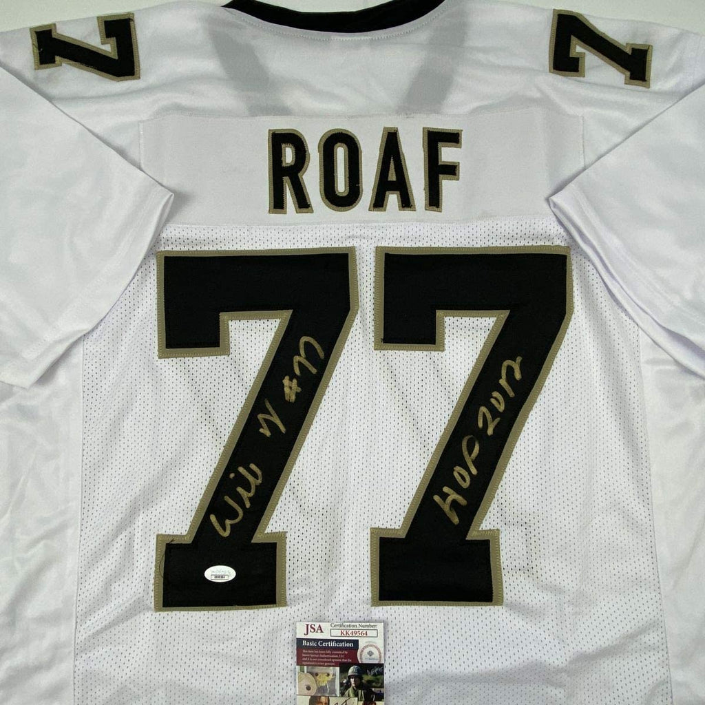 Autographed/Signed Willie Roaf HOF 2012 New Orleans White Football Jersey JSA COA