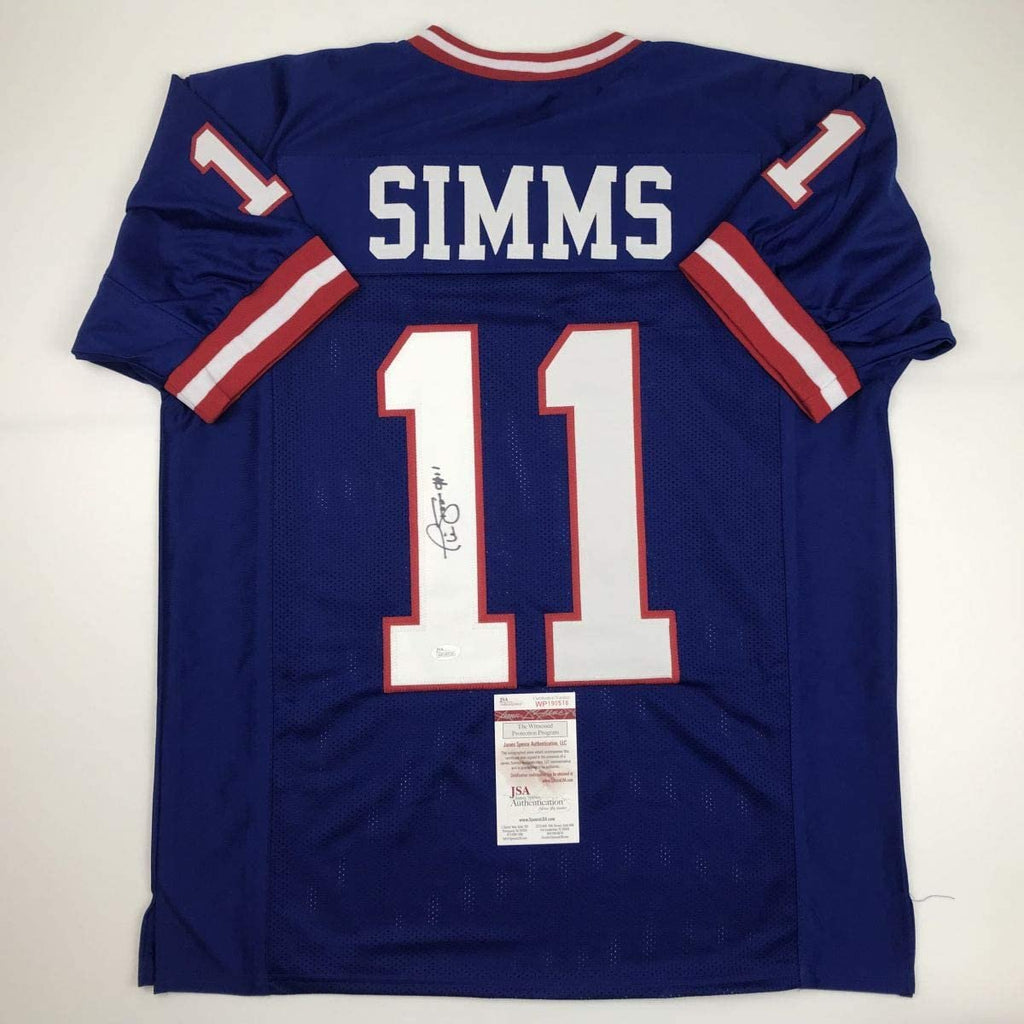 Autographed/Signed Phil Simms New York Blue Football Jersey JSA COA