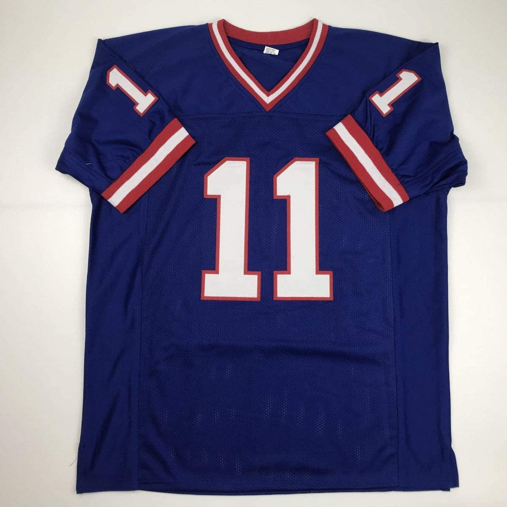 Autographed/Signed Phil Simms New York Blue Football Jersey JSA COA