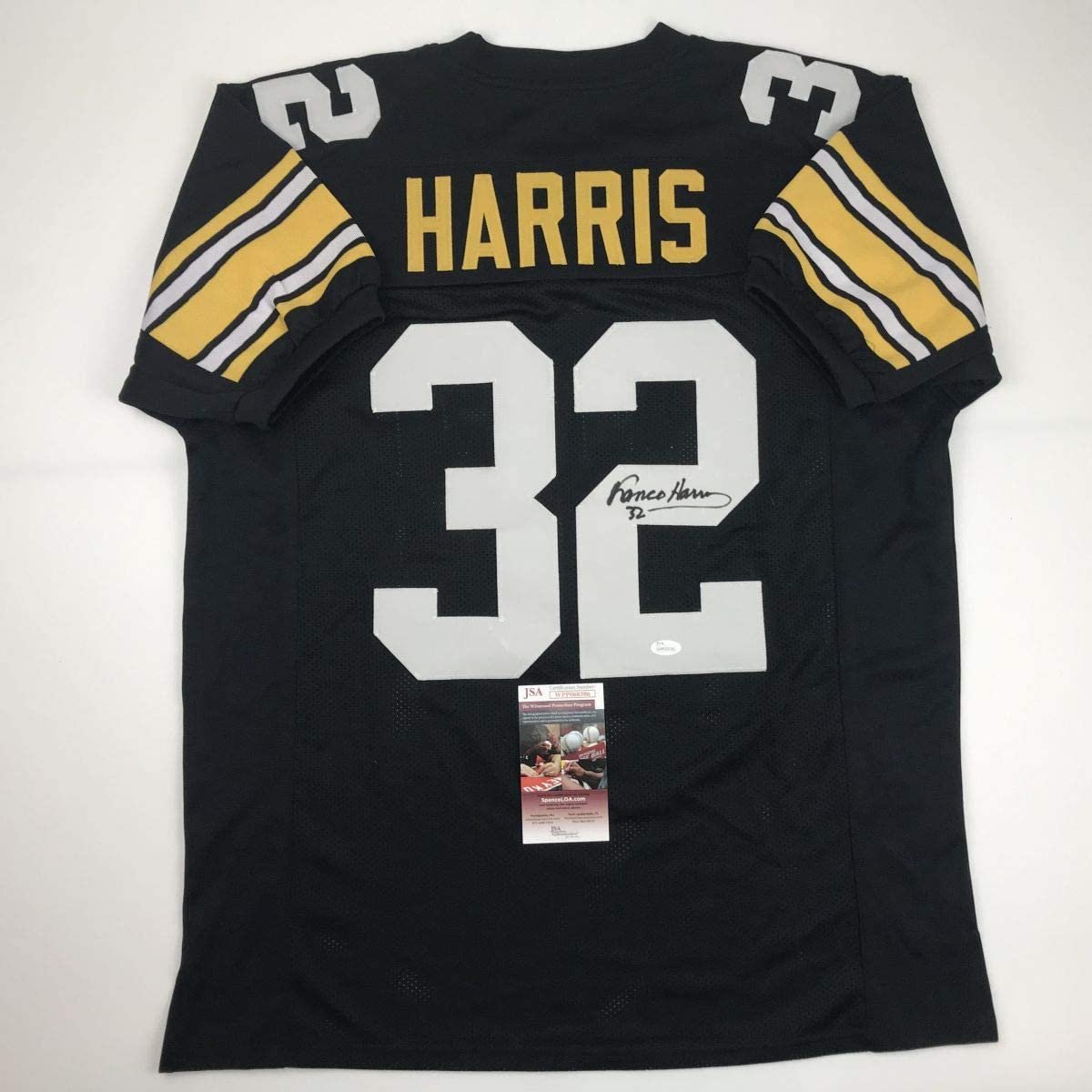 Autographed/Signed Franco Harris Pittsburgh Black Football Jersey JSA COA