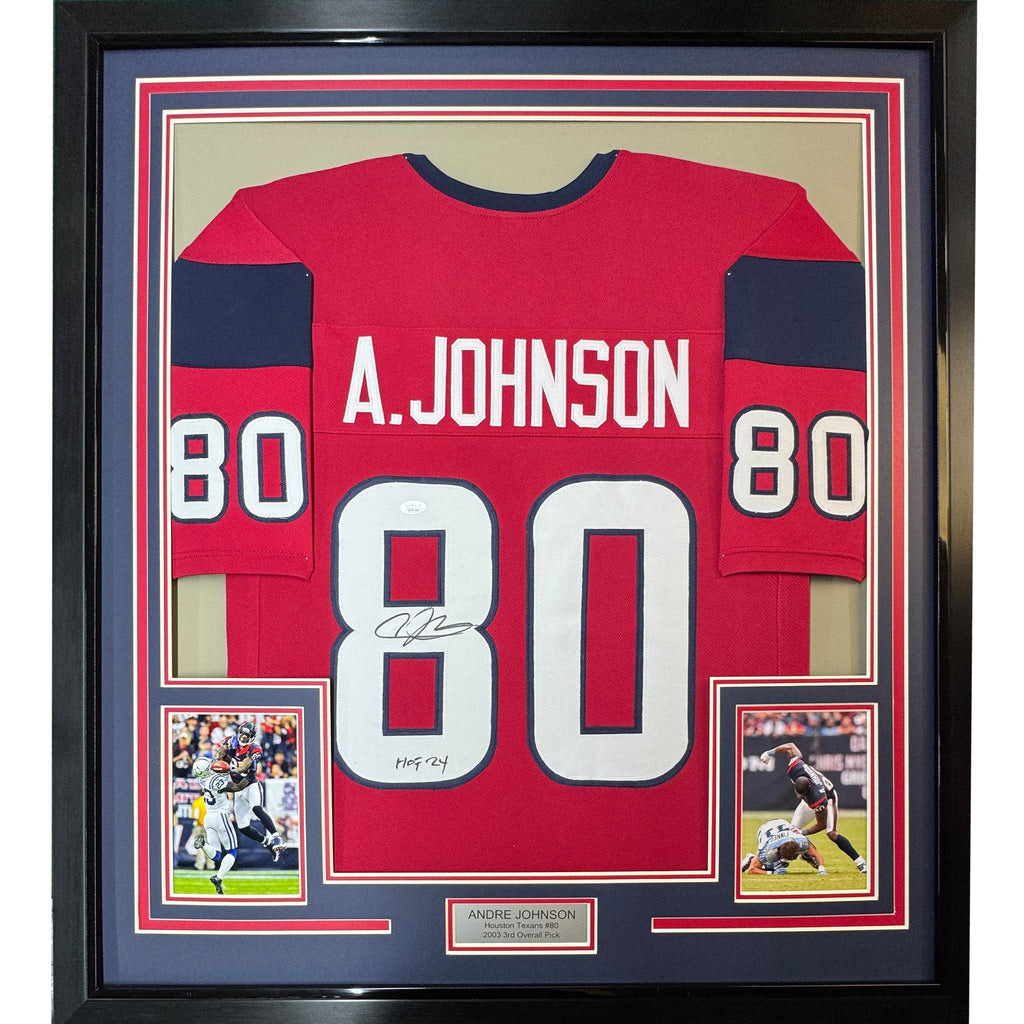Framed Autographed/Signed Andre Johnson 35x39 Houston Texans Red Football Jersey JSA COA