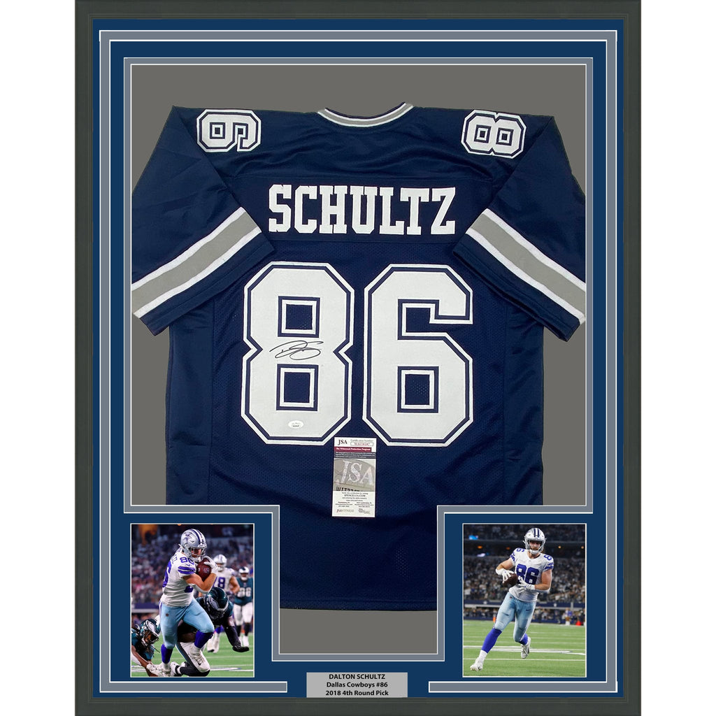 Framed Autographed/Signed Dalton Schultz 35x39 Dallas Dark Blue Football Jersey JSA COA