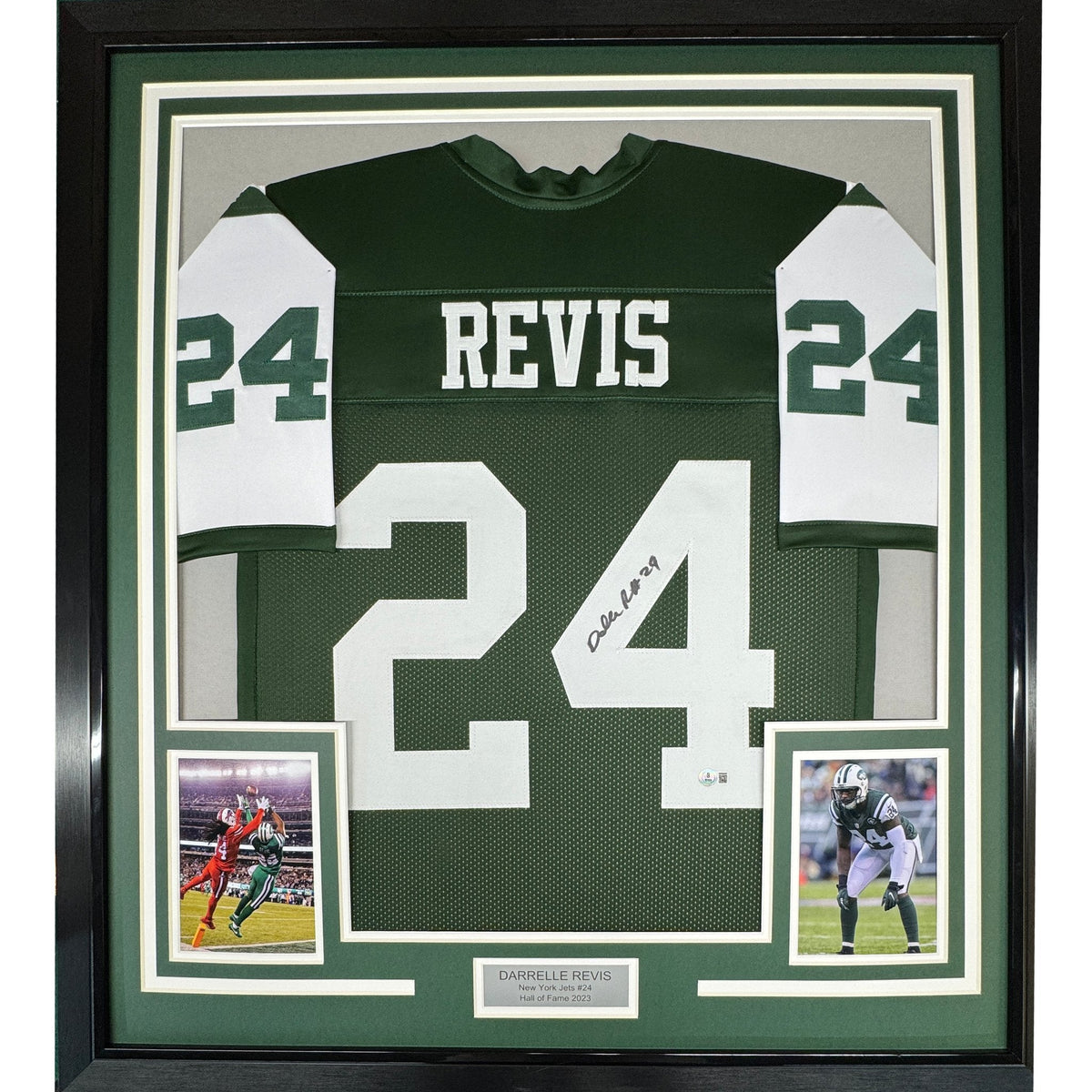 Framed Autographed/Signed Darrelle Revis 35x39 New York Green Football Jersey Beckett BAS COA