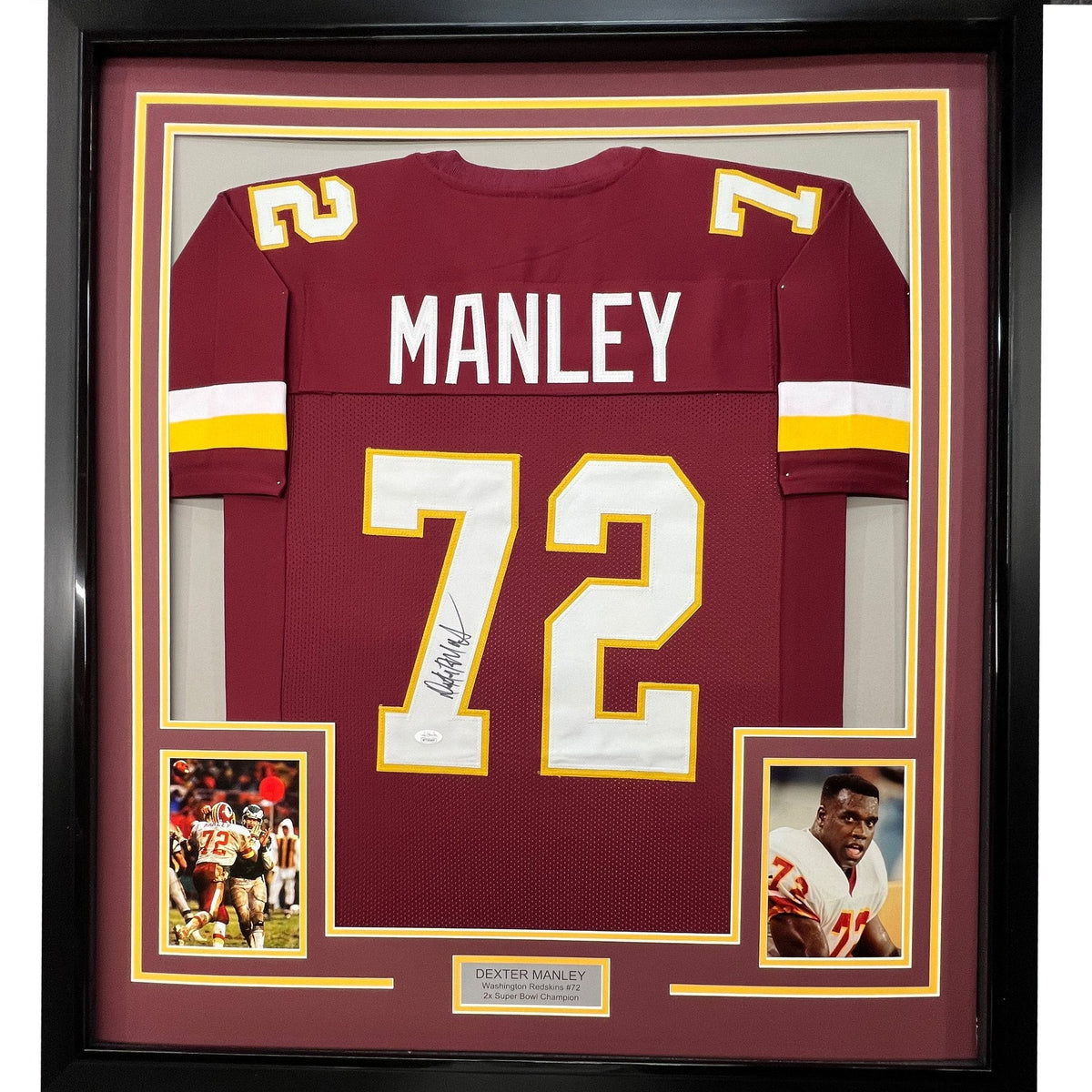 Framed Autographed/Signed Dexter Manley 35x39 Washington Burgundy Football Jersey JSA COA