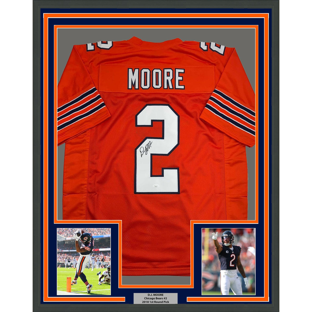 Framed Autographed/Signed D.J. DJ Moore 35x39 Chicago Retro Orange Football Jersey Beckett JSA COA