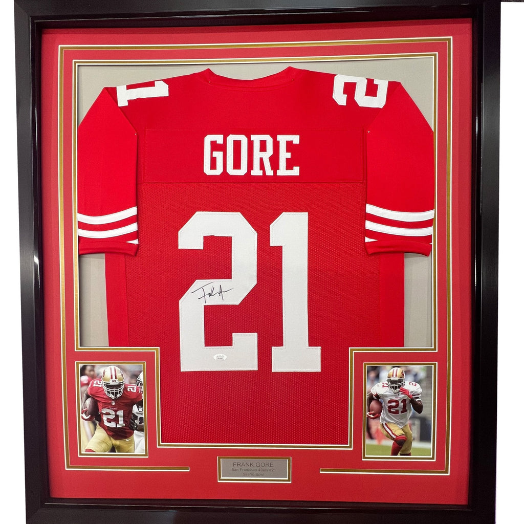 Framed Autographed/Signed Frank Gore 35x39 San Francisco Red Football Jersey JSA COA