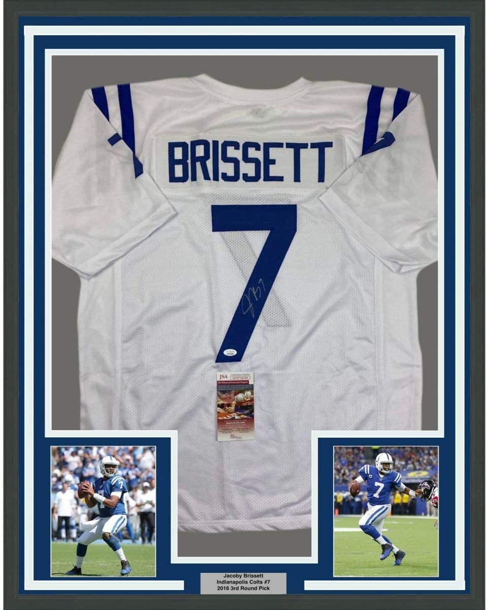 Framed Autographed/Signed Jacoby Brissett 35x39 Indianapolis White Football Jersey JSA COA