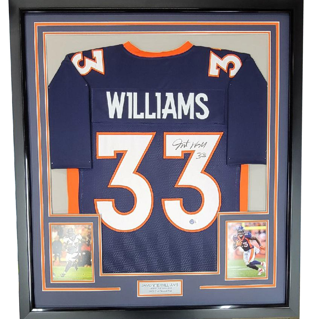 Framed Autographed/Signed Javonte Williams 35x39 Denver Blue Football Jersey Beckett BAS COA