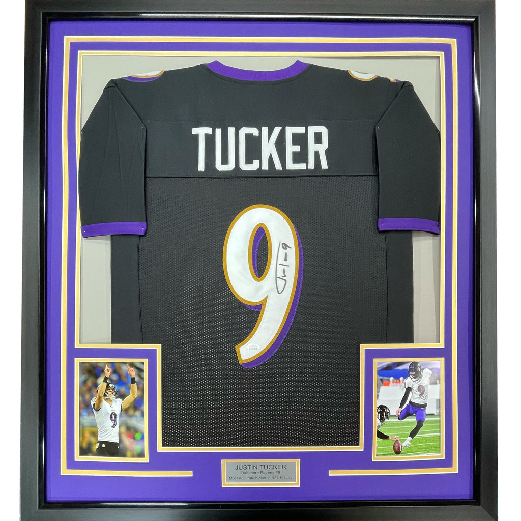 Framed Autographed/Signed Justin Tucker 35x39 Baltimore Black Football Jersey JSA COA