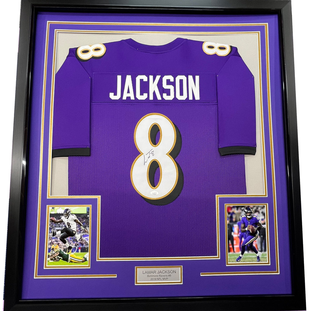 Framed Autographed/Signed Lamar Jackson 35x39 Baltimore Purple Football Jersey JSA COA