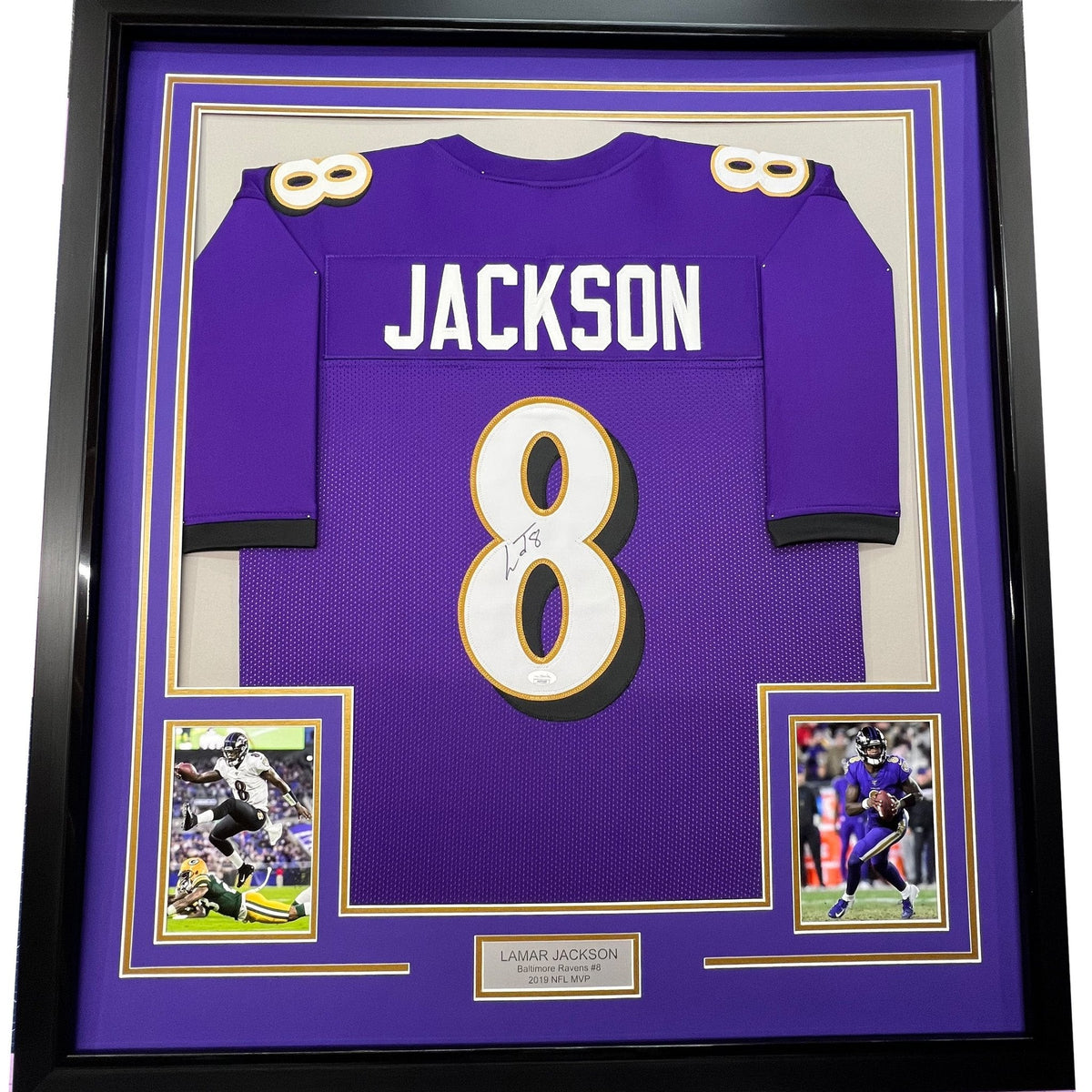 Framed Autographed/Signed Lamar Jackson 35x39 Baltimore Purple Football Jersey JSA COA