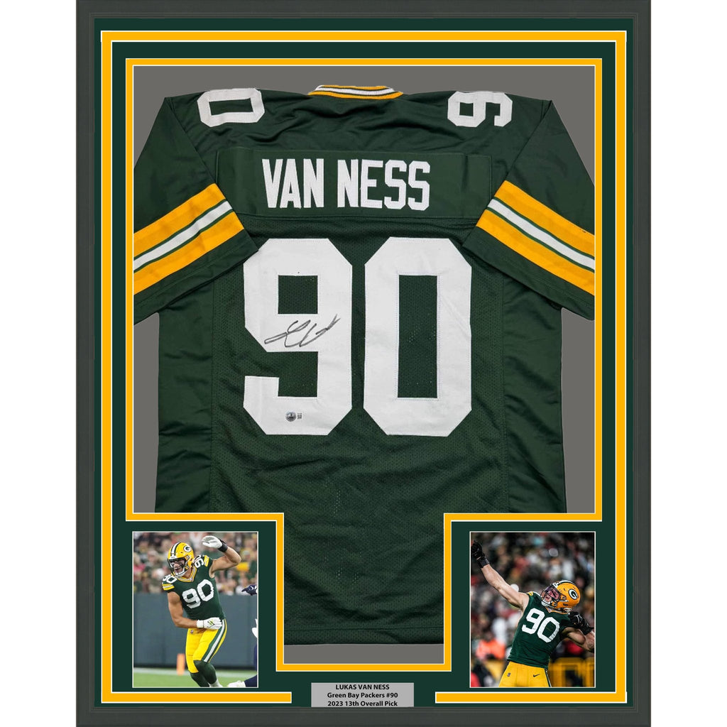 Framed Autographed/Signed Lukas Van Ness 35x39 Green Bay Green Football Jersey Beckett BAS COA