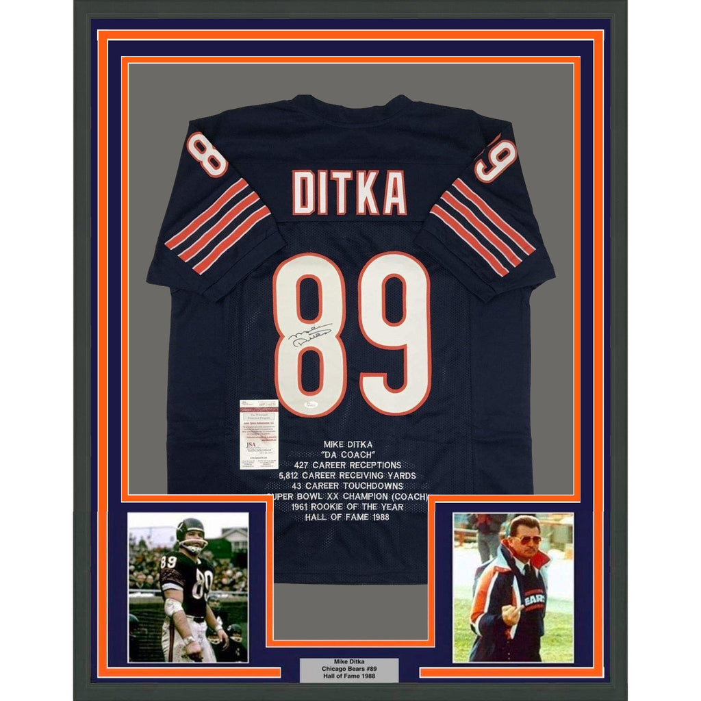 Framed Autographed/Signed Mike Ditka 35x39 Chicago Blue Stat Football Jersey JSA COA