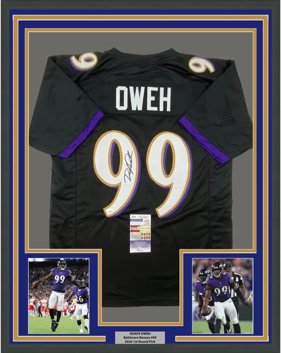 Framed Autographed/Signed Odafe Oweh 35x39 Baltimore Black Football Jersey JSA COA