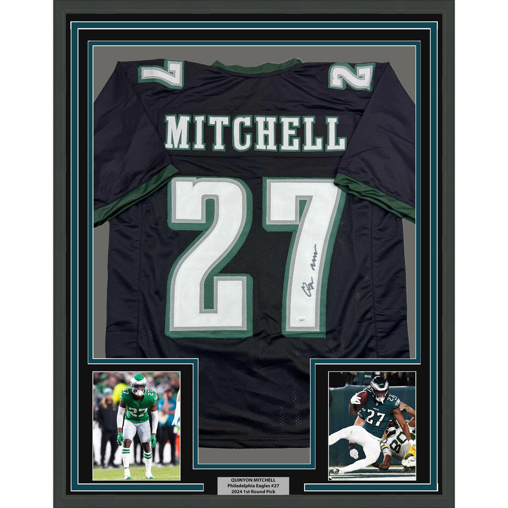 Framed Autographed/Signed Quinyon Mitchell 35x39 Philadelphia Black Football Jersey JSA COA