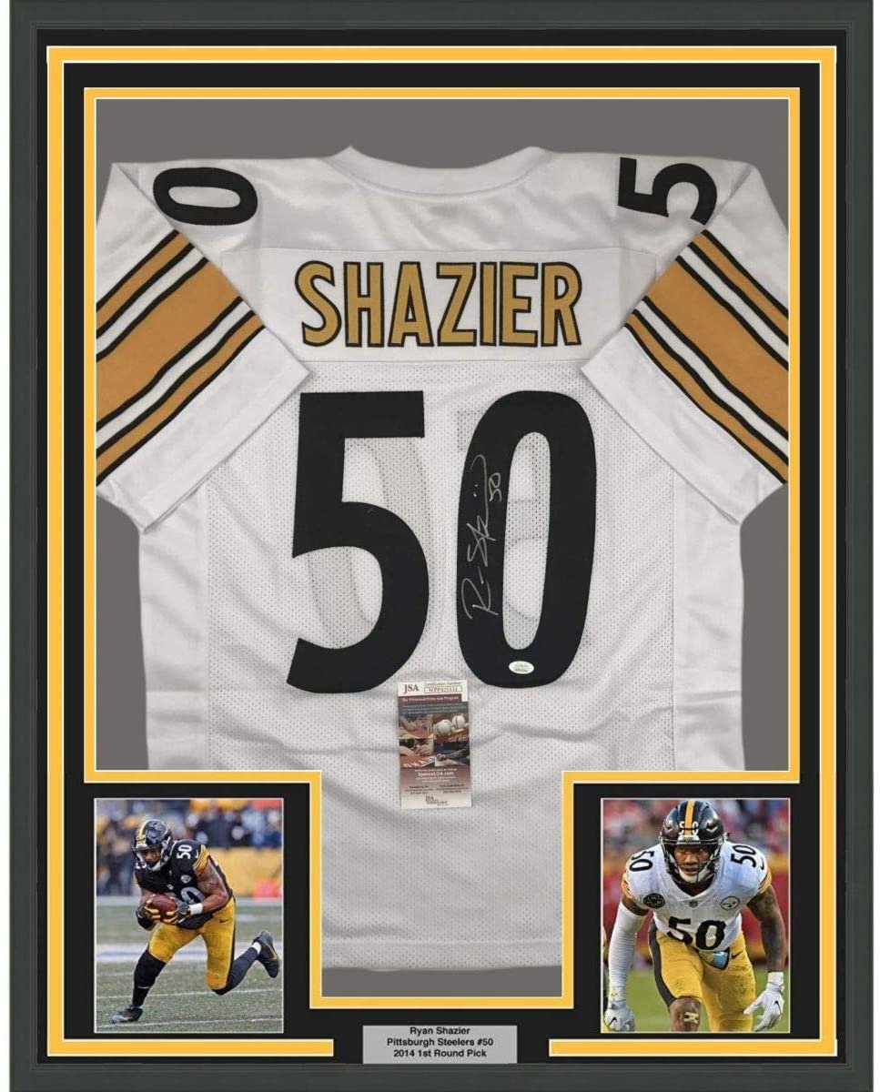 Framed Autographed/Signed Ryan Shazier 35x39 Pittsburgh White Football Jersey JSA COA