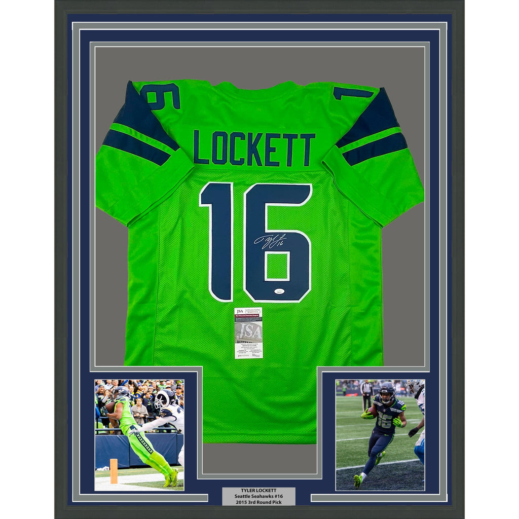 Framed Autographed/Signed Tyler Lockett 35x39 Seattle Green Color Rush Football Jersey JSA COA