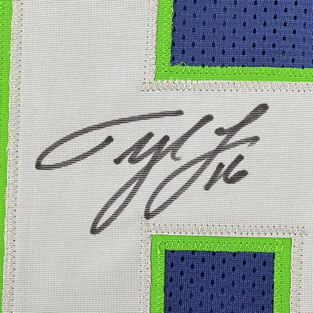 Framed Autographed/Signed Tyler Lockett 35x39 Seattle Blue Football Jersey JSA COA