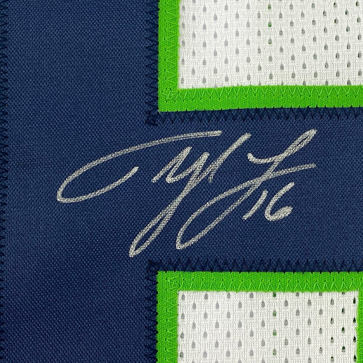 Framed Autographed/Signed Tyler Lockett 35x39 Seattle White Football Jersey JSA COA