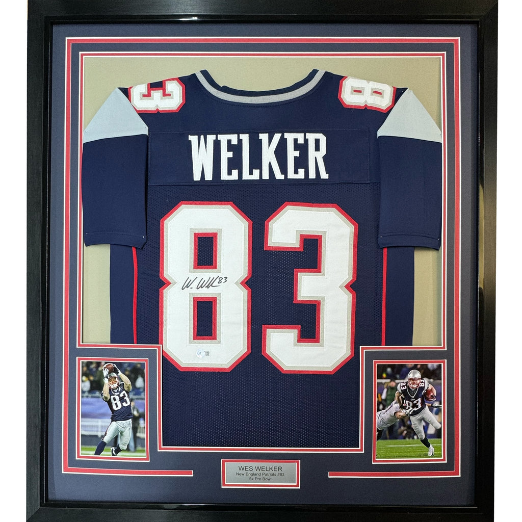 Framed Autographed/Signed Wes Welker 35x39 New England Blue Football Jersey Beckett BAS COA