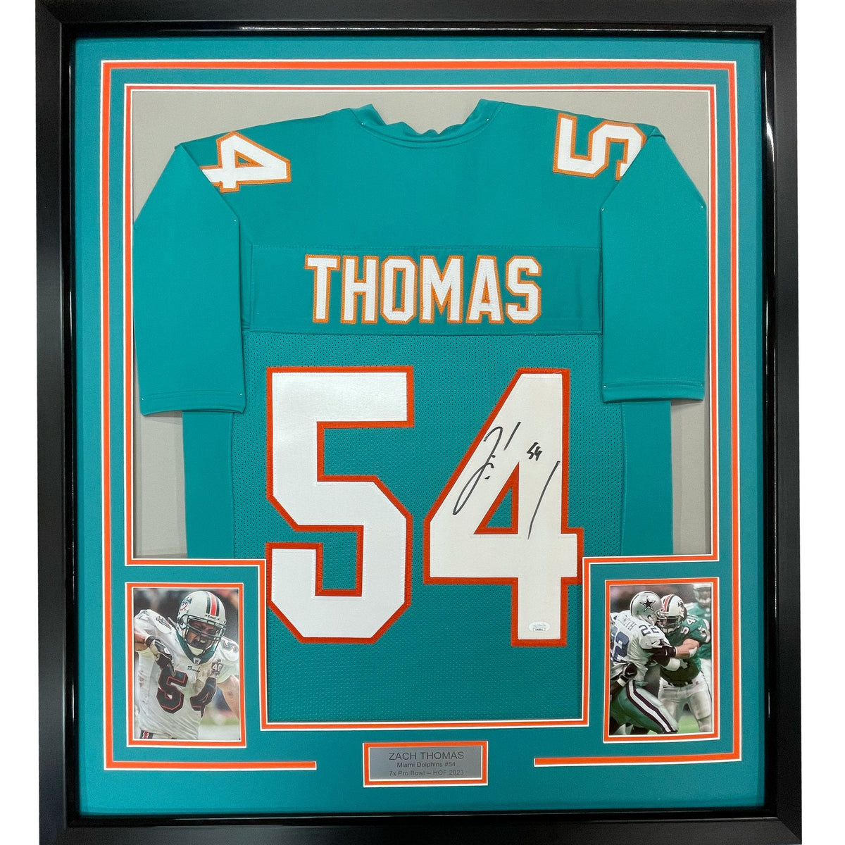 Framed Autographed/Signed Zach Thomas 35x39 Miami Teal Football Jersey JSA COA