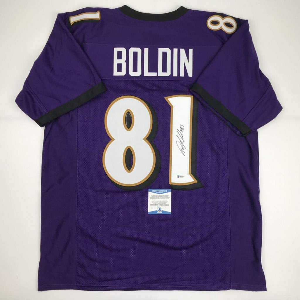 Autographed/Signed Anquan Boldin Baltimore Purple Football Jersey Beckett BAS COA