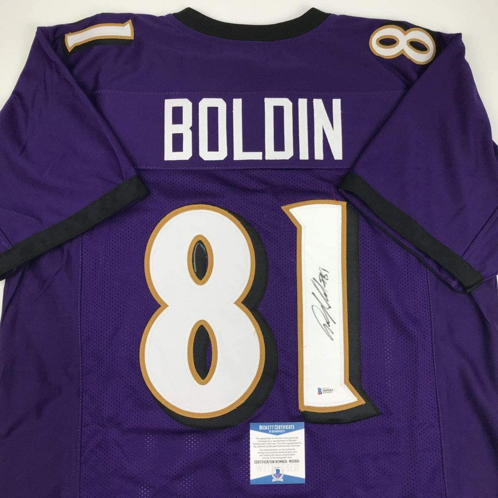 Autographed/Signed Anquan Boldin Baltimore Purple Football Jersey Beckett BAS COA
