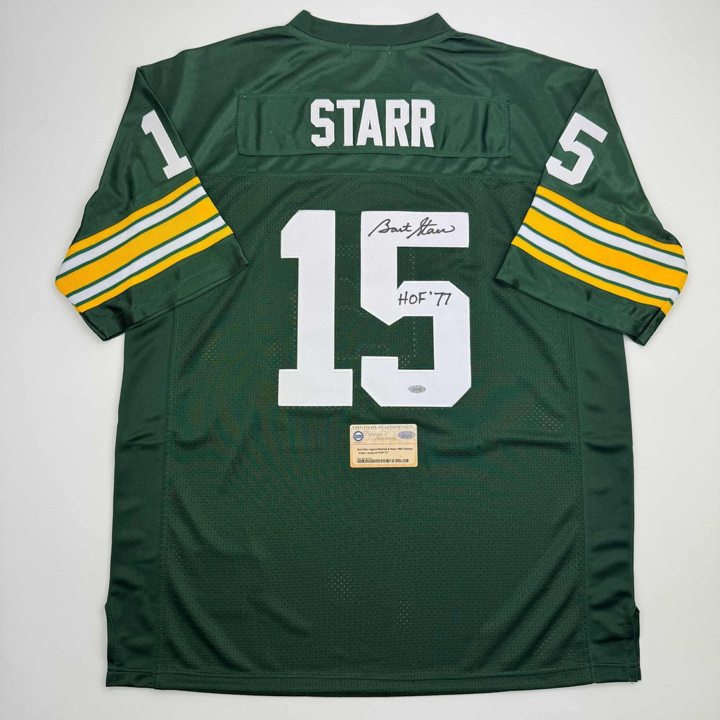 Autographed/Signed Bart Starr "HOF 77" Green Bay Green Football Jersey Steiner COA