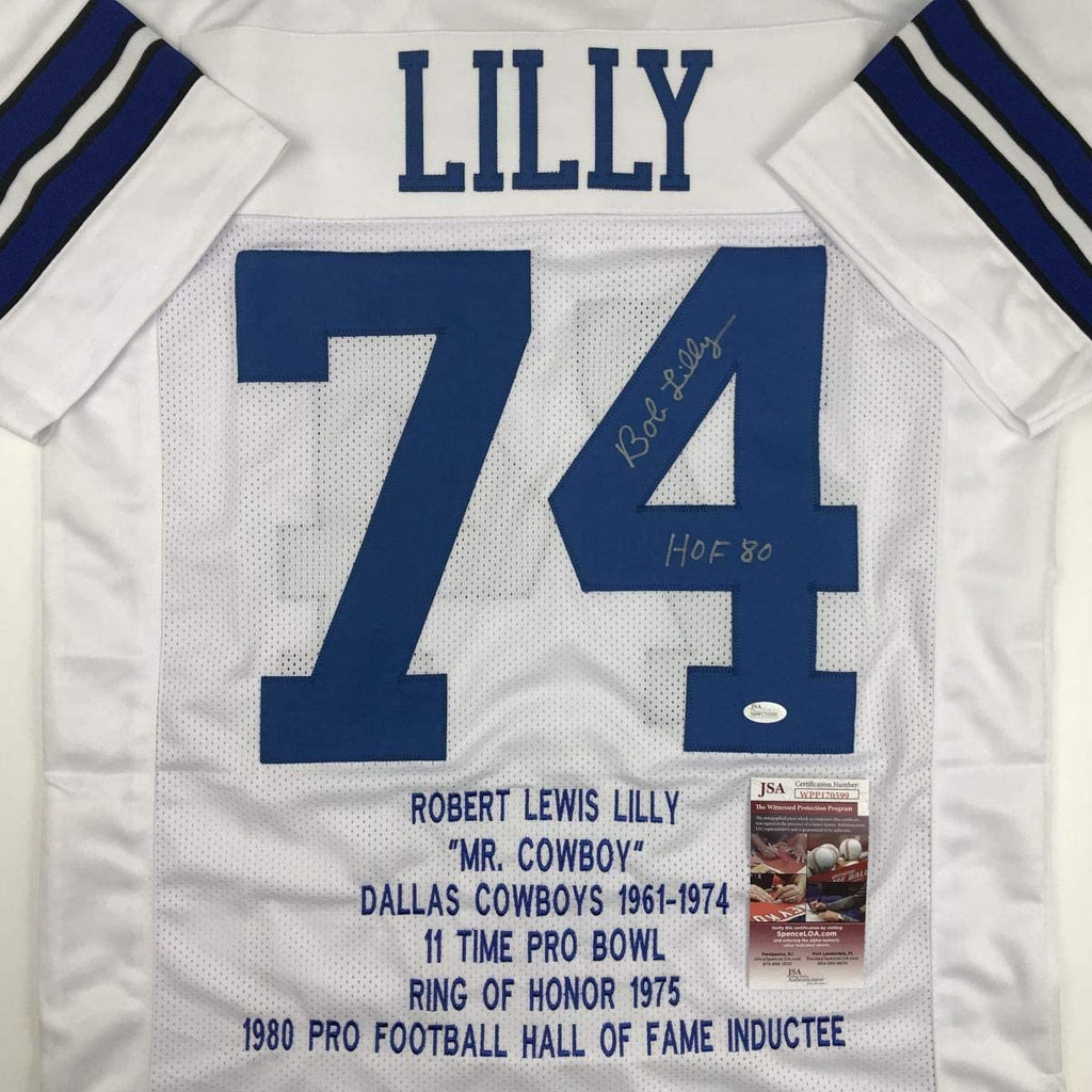 Autographed/Signed Bob Lilly HOF 80 Dallas White Stat Football Jersey JSA COA
