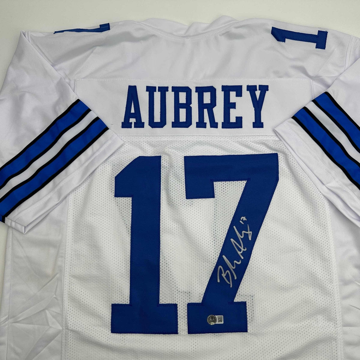 Autographed/Signed Brandon Aubrey Dallas White Football Jersey Beckett BAS COA