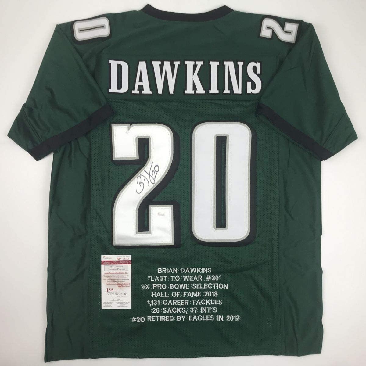 Autographed/Signed Brian Dawkins Philadelphia Green Stat Football Jersey JSA COA