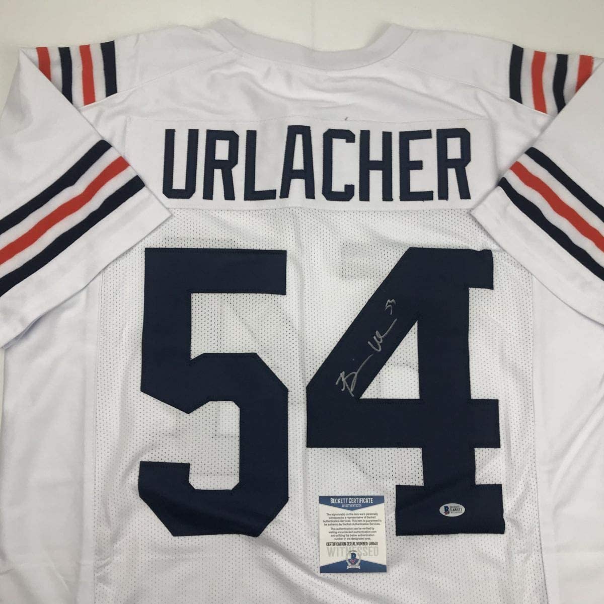 Autographed/Signed Brian Urlacher Chicago Retro White Football Jersey Beckett BAS COA