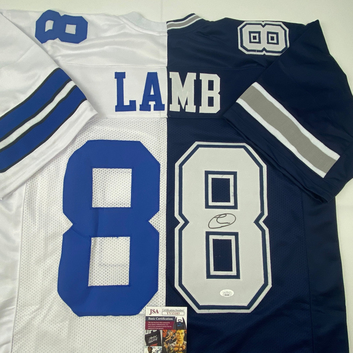 Autographed/Signed CeeDee Lamb Dallas Split White/Blue Football Jersey JSA COA