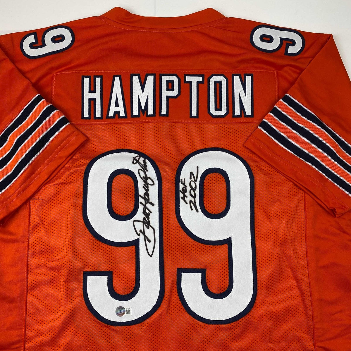 Autographed/Signed Dan Hampton HOF 2002 Chicago Orange Football Jersey Beckett BAS COA