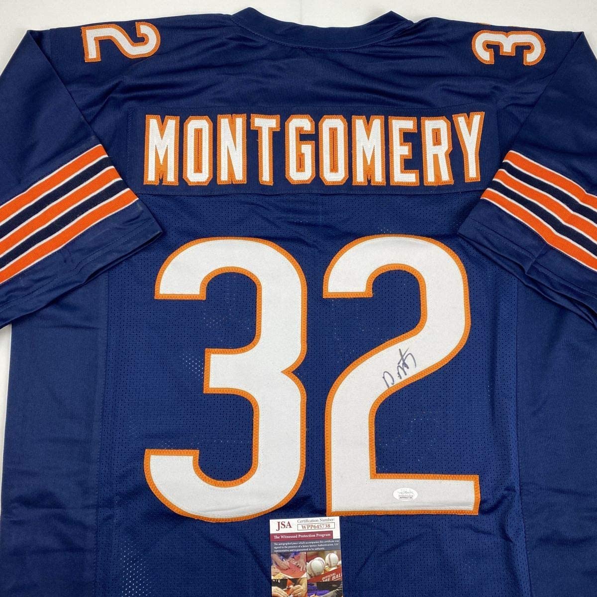 Autographed/Signed David Montgomery Chicago Blue Football Jersey JSA COA