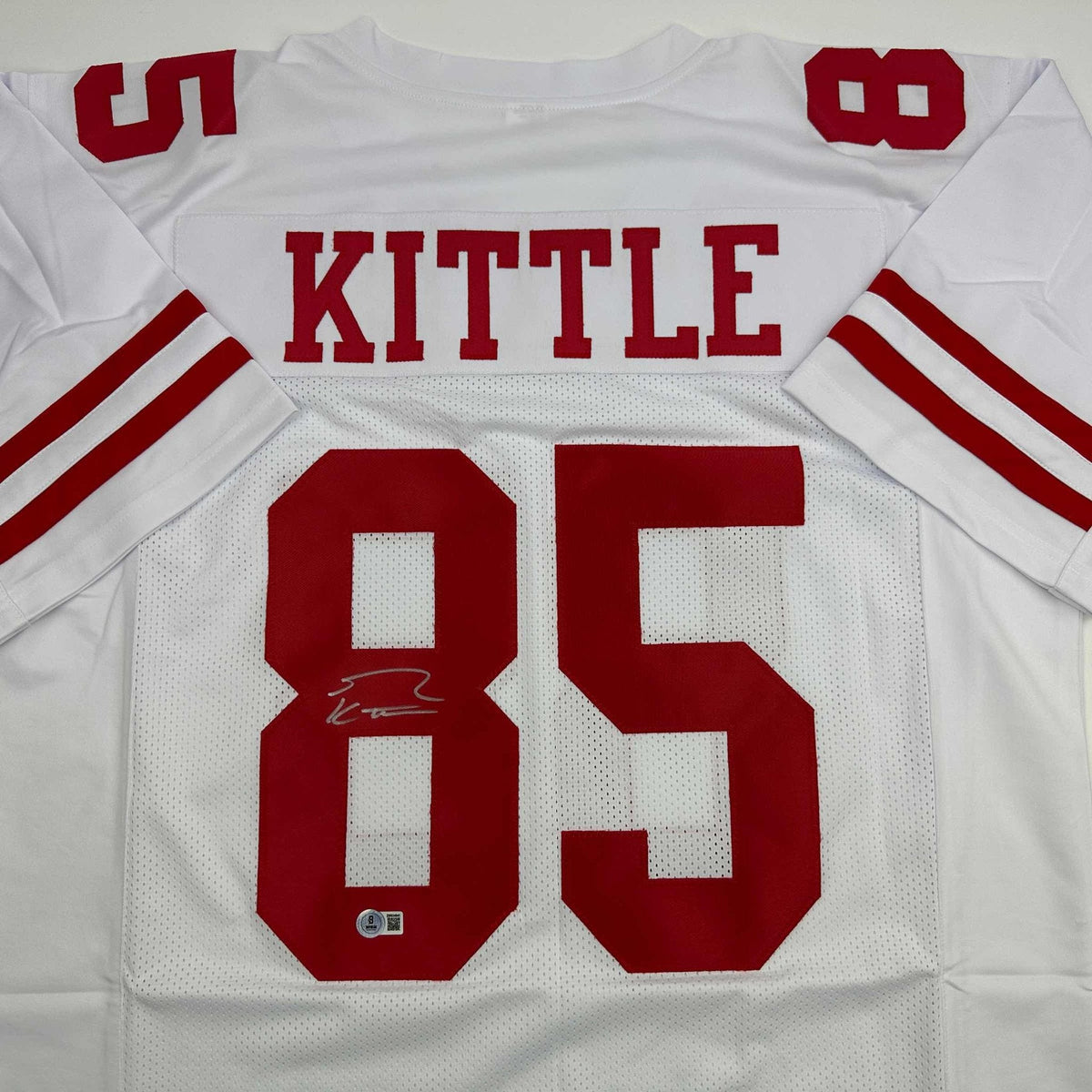Autographed/Signed George Kittle San Francisco White Football Jersey Beckett BAS COA