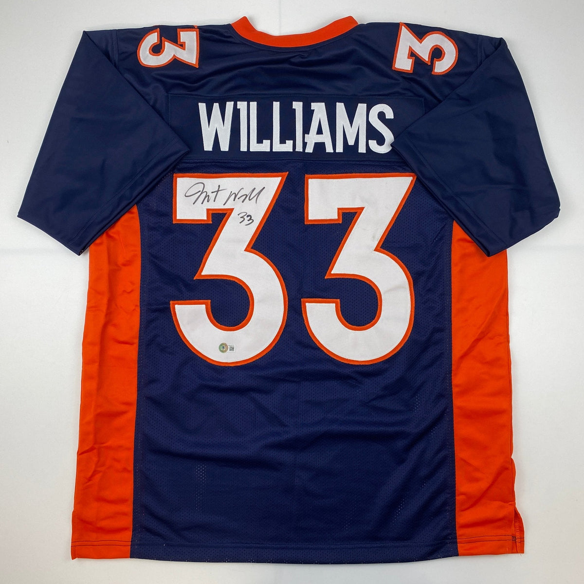 Autographed/Signed Javonte Williams Denver Blue Football Jersey Beckett BAS COA