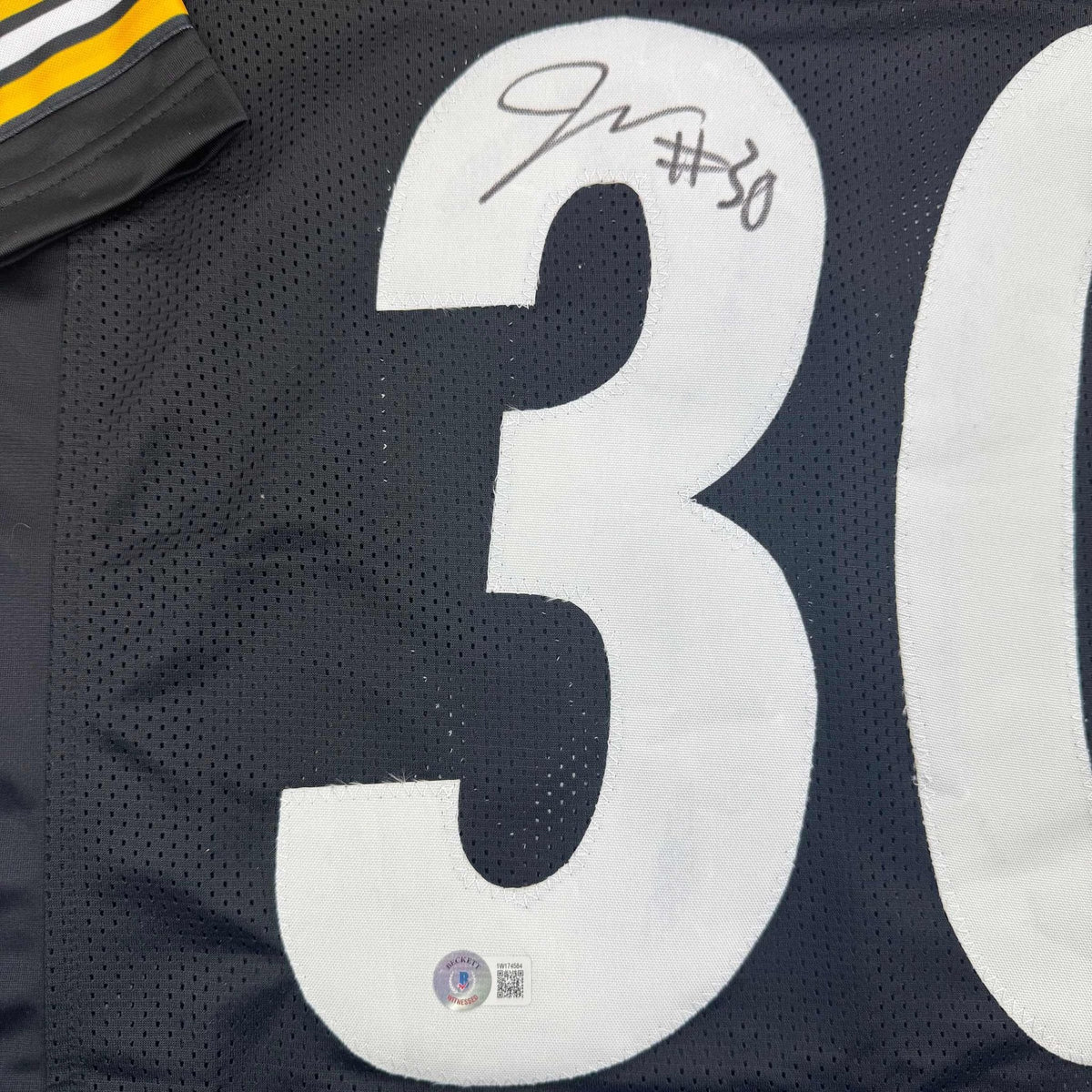 Autographed/Signed Jaylen Warren Pittsburgh Black Football Jersey Beckett BAS COA