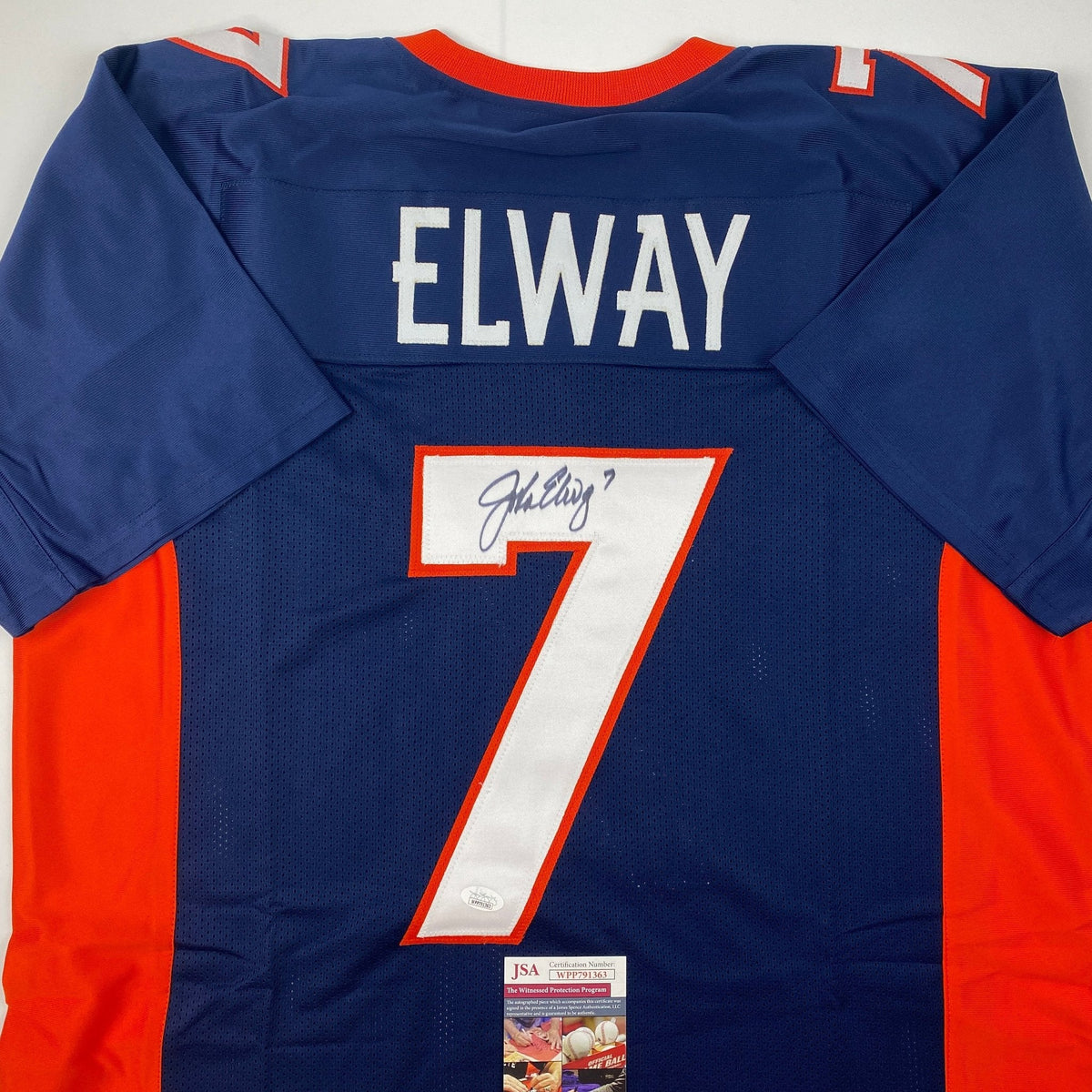 Autographed/Signed John Elway Denver Blue Football Jersey JSA COA
