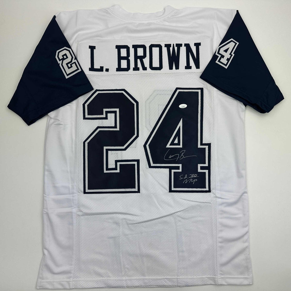 Autographed/Signed Larry Brown Super Bowl XXX MVP Dallas White Color Rush Football Jersey JSA COA