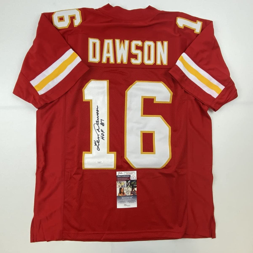 Autographed/Signed Len Dawson HOF 87 Kansas City Red Football Jersey JSA COA
