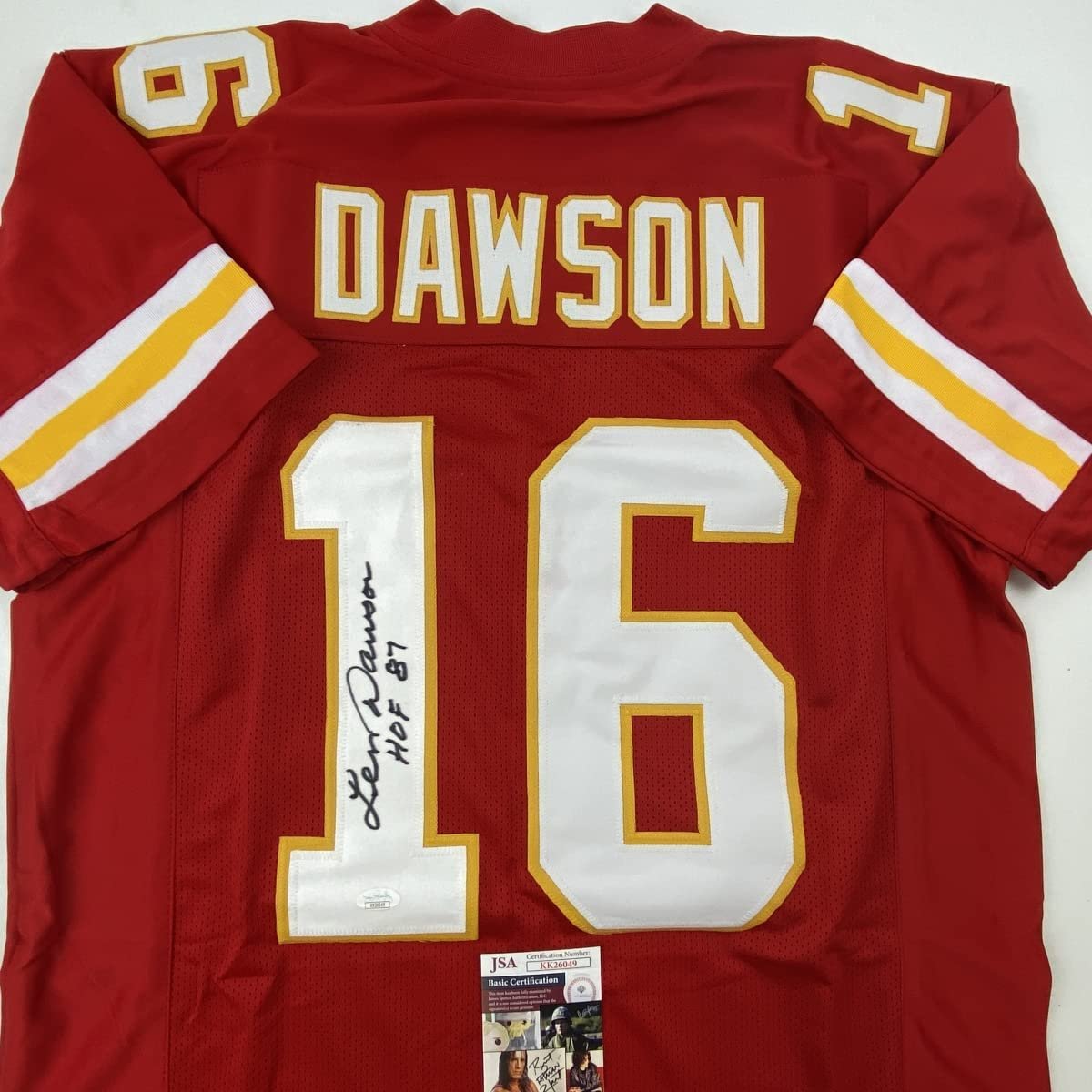 Autographed/Signed Len Dawson HOF 87 Kansas City Red Football Jersey JSA COA