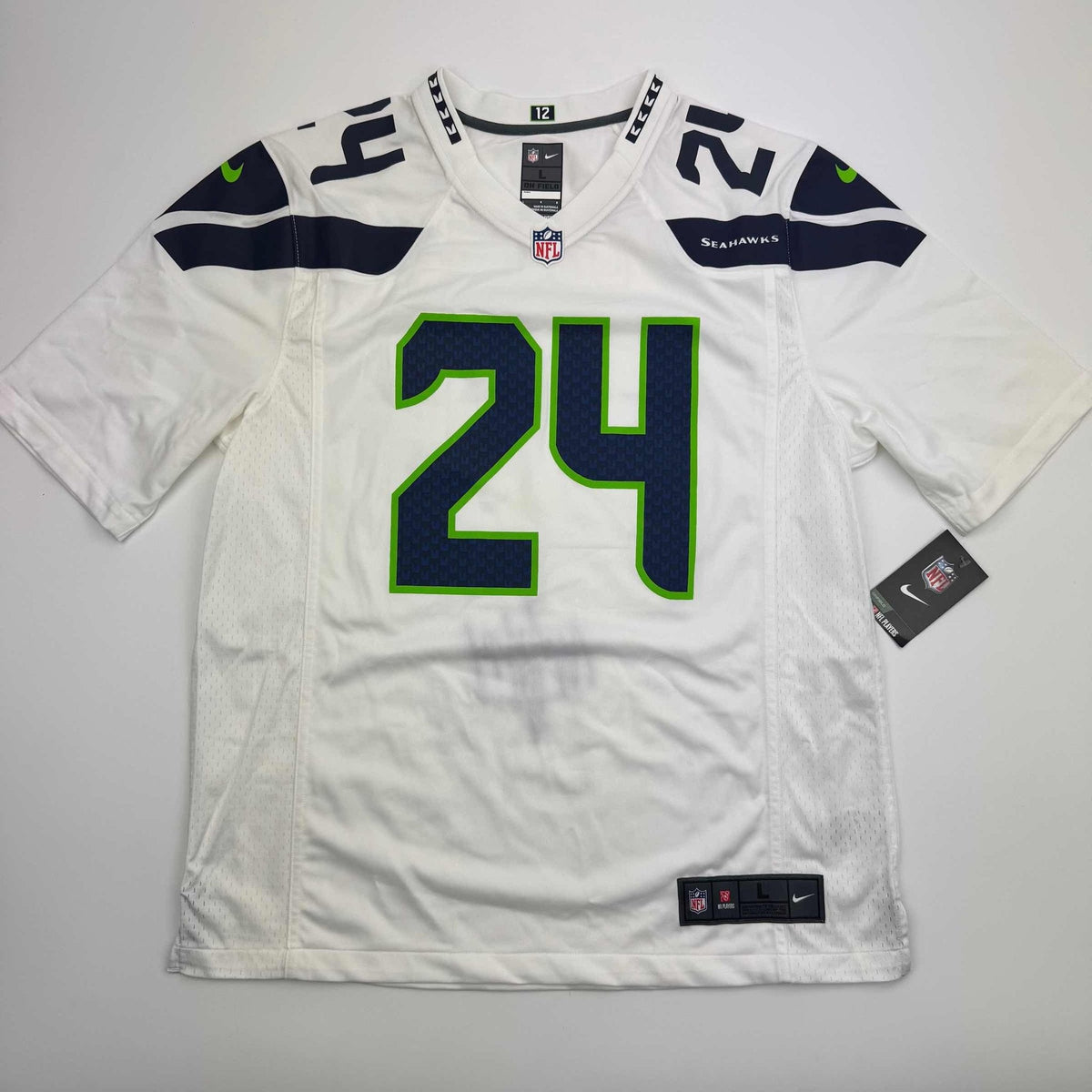 Autographed/Signed Marshawn Lynch Seattle Seahawks White Football Jersey Fanatics COA