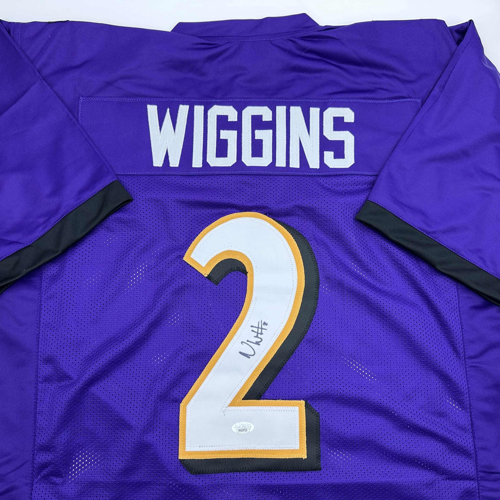 Autographed/Signed Nate Wiggins Baltimore Purple Football Jersey JSA COA