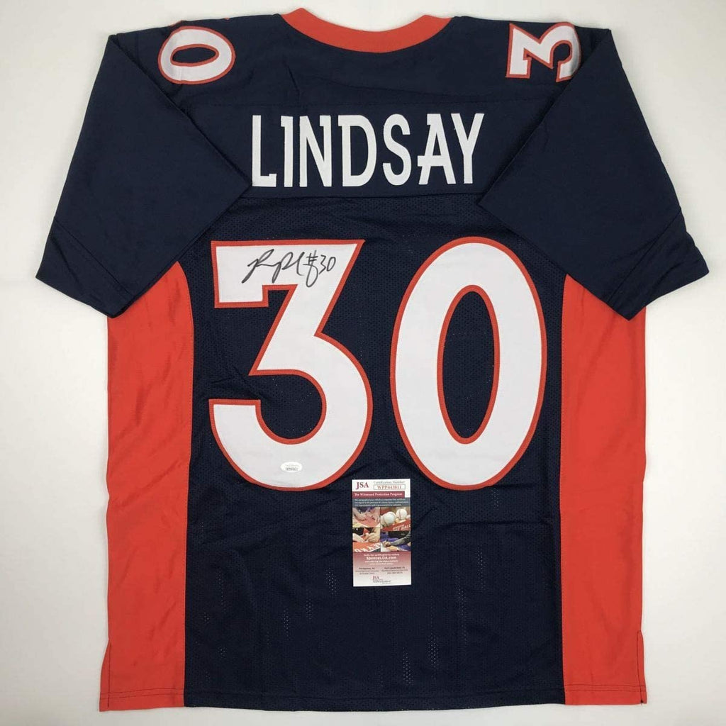 Autographed/Signed Phillip Lindsay Denver Blue Football Jersey JSA COA